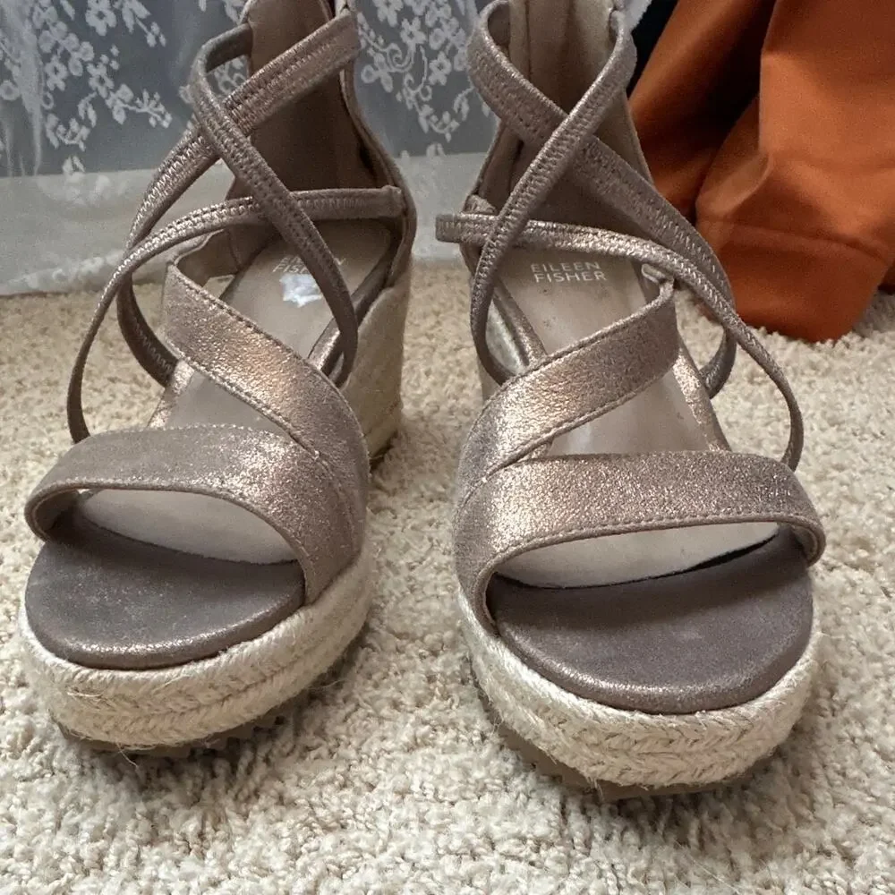 Eileen‎ Fisher Wanda Metallic Leather Espadrille Wedge Sandals - Size 6.5